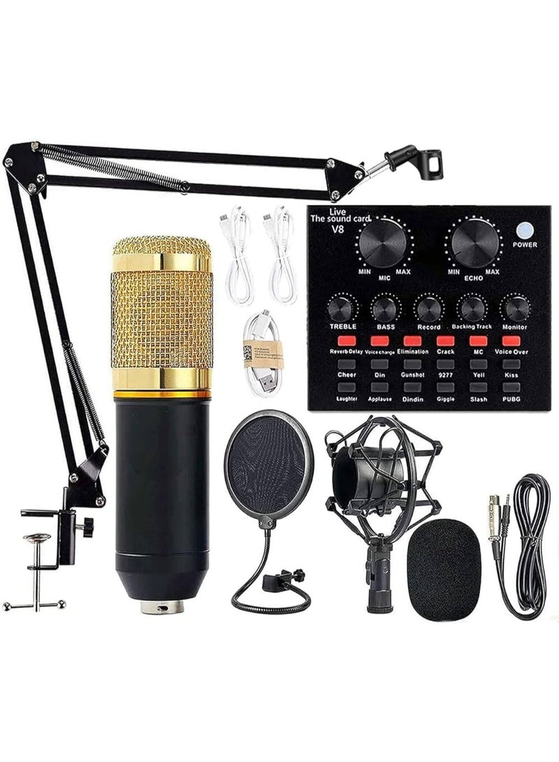 Professional Condenser Microphone Kit with V8 Sound Card This image shows a complete professional audio recording setup designed for podcasting, streaming, or studio recording. The main components include:  1. Condenser Microphone (BM800 style) A gold-and-black condenser microphone, known for its high sensitivity and clear sound capture, ideal for vocals and voiceovers.  2. Adjustable Microphone Arm Stand A metal suspension boom arm that allows flexible positioning of the microphone for comfort and optimal sound capture.  3. Pop Filter and Foam Windscreen A circular pop filter and a foam windscreen to reduce plosive sounds and wind noise, improving audio clarity.  4. Shock Mount A suspension shock mount to hold the microphone and reduce vibrations or handling noise.  5. V8 Live Sound Card An external audio interface with multiple knobs and buttons for adjusting mic volume, echo, and adding sound effects during live streaming or recording.  6. Cables and Mounting Accessories Includes US - Image 2